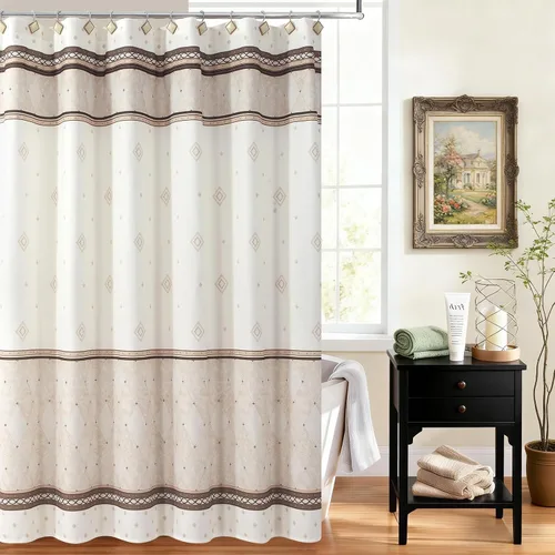 Vista 11 de Cortina de ducha de tela negra y beige, cortina de ducha con estampado de medallón vintage, cortina de baño decorativa impermeable, 72 pulgadas