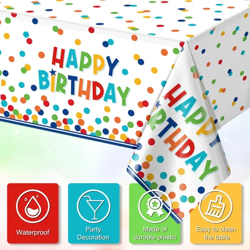 Vista 4 de Paquete de 1 mantel de plástico para decoración de cumpleaños, manteles desechables de lunares coloridos, mantel rectangular impermeable para niñas