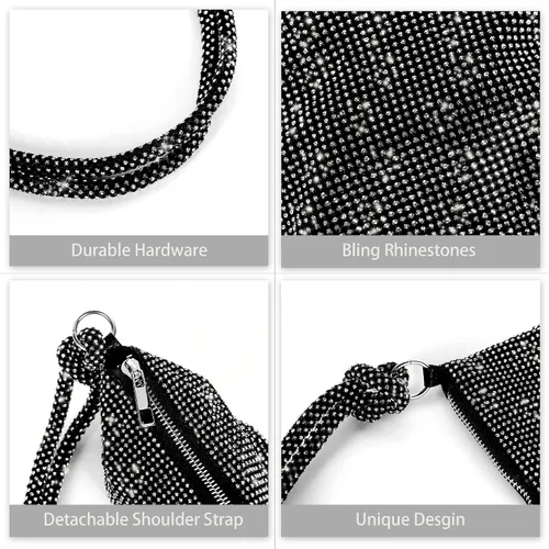 Vista 8 de Bolso de noche brillante con diamantes de imitación, bolso de mano plateado tipo clutch para mujeres, bolsos cruzados para fiesta, baile