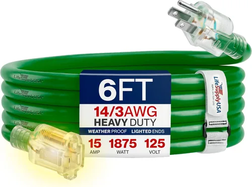 Vista 140 de Cable de extensión SJT de 12/3 300 V con luz LED para uso en interiores y exteriores con enchufe con iluminación LED Amarillo