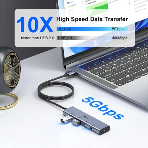 Vista 2 de Hub USB 3.0, divisor USB TSUPY con 5 puertos USB y cable extendido de 4 pies, concentrador de datos de aluminio ultrafino, adaptador multi USB 3.0