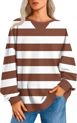 Vista 18 de Sudadera de manga larga para mujer, sudaderas de gran tamaño, estilo casual, cuello redondo, tallas S-2XL