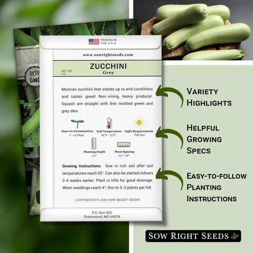 Vista 2 de Sow Right Seeds - Semilla de calabacín gris para plantar - Paquete de reliquia sin OMG con instrucciones para plantar un huerto casero - Calabacín