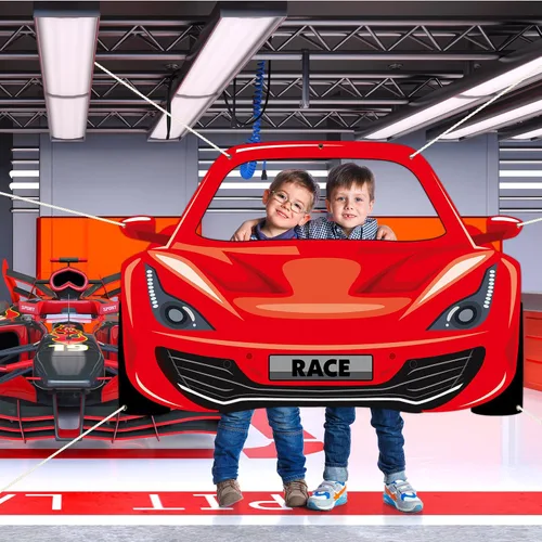 Vista 7 de Decoración de fiesta de cumpleaños de coche de carreras, accesorios para cabina de fotos con temática de automóvil, pancarta de fotografía con fondo