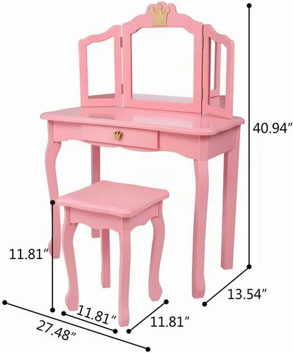 Vista 4 de Juego de tocador para niños Vasitelan, juego de mesa y silla para niñas, con espejo y taburete, mesa de maquillaje y cambiador princesa con cajón B