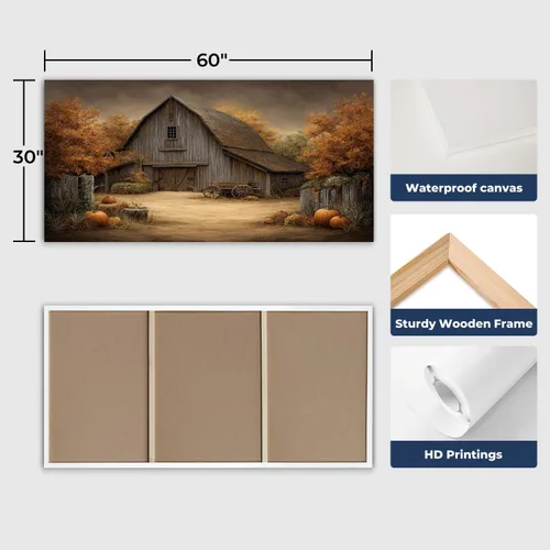 Vista 5 de Lienzo decorativo de 30 x 60 pulgadas, diseño de calabaza de otoño, decoración de baño, granero antiguo, otoño, cuadros enmarcados, pintura impresa