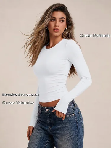 Vista 5 de AUTOMET - Camisetas ombligueras de manga larga para mujer, básicas, de compresión, para salir, otoño, ropa de moda del año 2000 Blanco