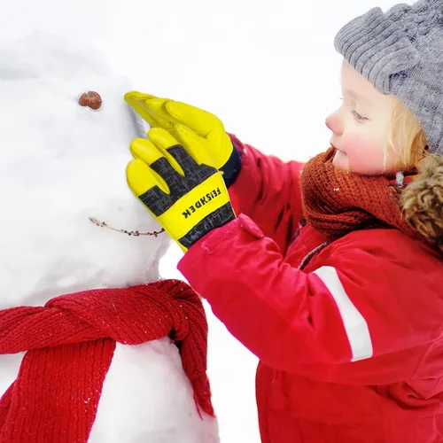 Vista 6 de Kids Winter Gloves, 3M Thinsulate Lined Warm Insulated Toddler Work Gloves with Soft Sheepskin for Cold Weather negro+amarillo