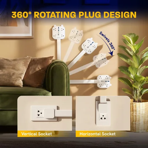 Vista 5 de Barra extensora de toma, enchufe de pared giratorio de 360° con 4 salidas de CA, carga rápida USB-C PD de 20 W, 2 puertos USB-A y 2 puertos USB-C