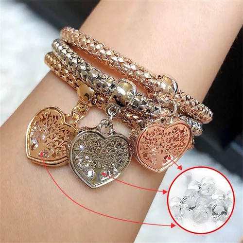 Vista 3 de 3 pulseras de cadena de palomitas de maíz de oroplataoro rosa - dije de edición de corazón con pulsera elástica de cristal para mujeres y niñas