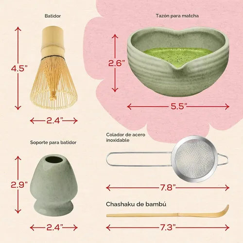 Vista 7 de Rehny's Juego de batidor Matcha Juego completo de matcha verde con cuenco en forma de corazón, batidor de bambú, soporte, tamiz de acero