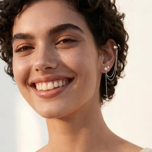 Vista 3 de SLUYNZ Aretes de plata de ley 925 con diseño de estrella para mujer, aretes envolventes Un pendiente (izquierda) - A-plata