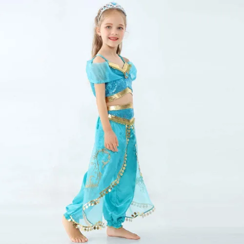 Vista 3 de Girls Jasmine Costume Arabian Princess Jasmine Cosplay Costume with Wig Halloween Party Dress up Costume for Kids