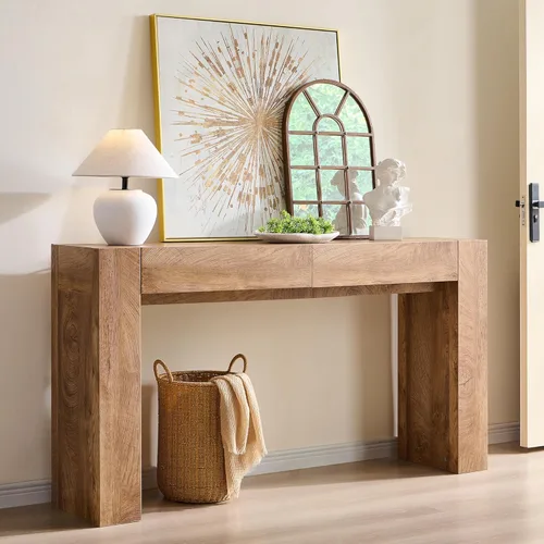 Vista 8 de OKD Moderna mesa consola de entrada, mesa de sofá con cajones, mesa de pasillo de 63 pulgadas de largo detrás del sofá, diseño de madera gruesa