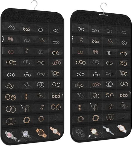 Vista 19 de Organizador colgante de joyas con 80 bolsillos de almacenamiento de doble cara, 1 paquete, color beige
