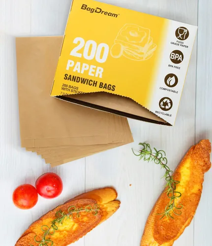 Vista 5 de BagDream Bolsas de papel para sándwich de 7.9 x 6.3 x 1.96 pulgadas, 200 unidades, bolsas de papel reciclables para cocina, sellables