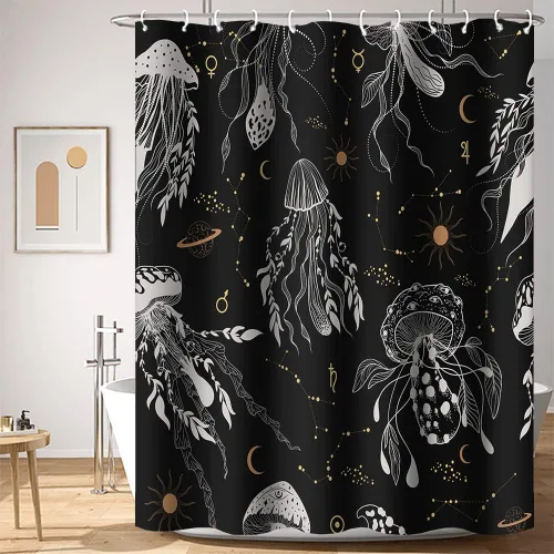 Vista 34 de Cortina de Ducha Floral Bohemia Negra Flores de Mediados de Siglo Botánica Moderna Elegante Estética Cortina de Ducha para Decoración de Baño
