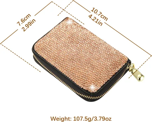 Vista 2 de AsAlways Funda con cremallera multicapa con diamantes de imitación RFID, cartera pequeña delgada para mujer, Oro, Moderno