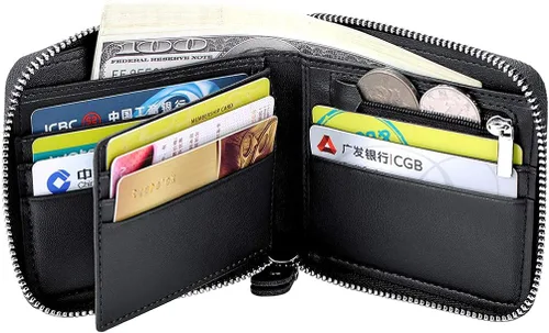 Vista 3 de Veeskyee Cartera de cuero con cremallera para hombre, con cierre RFID, con cremallera alrededor de la cartera plegable para tarjetas