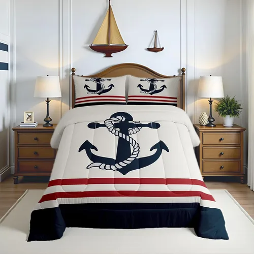 Vista 9 de Juego de edredón de brújula azul marino, tamaño individual, 2 piezas, diseño náutico de vela, estilo simple, para niños, adolescentes, adultos