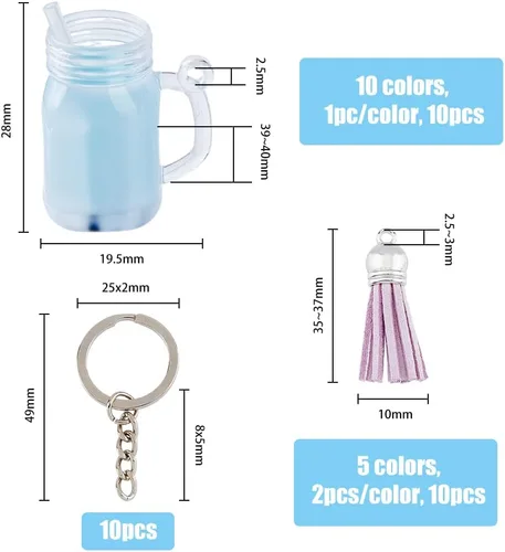 Vista 2 de SUPERFINDINGS Juego de 60 llaveros de té de leche que incluye 2 estilos de dije de taza, 10 llaveros divididos, 5 colores de borla de ante sintético