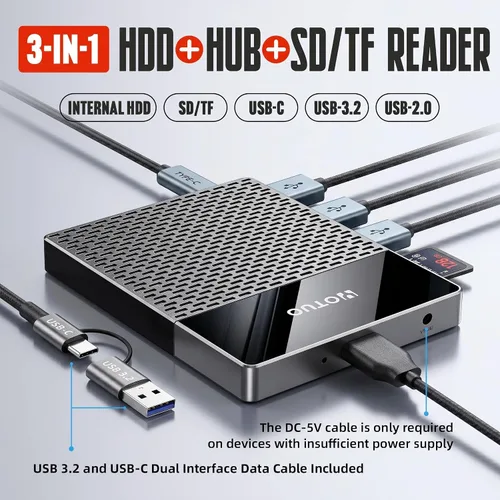 Vista 2 de YOTUO Disco duro externo de 1 TB, concentrador multipuerto USB C HDD 7 en 1, USB 3.0, lector de tarjetas SD/TF, estación de acoplamiento, HDD Negro