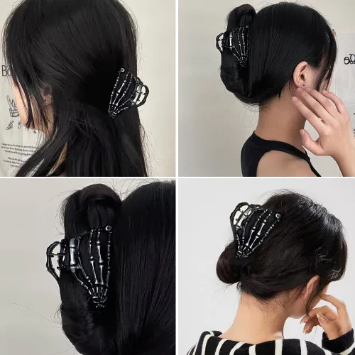 Vista 6 de AIUPUOC Pinza de pelo negro con diseño de calavera de esqueleto para peinar el cabello de mujer, pinzas de metal medianas, accesorios