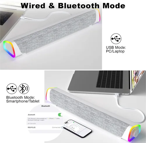 Vista 4 de SOULION Altavoces de computadora Bluetooth R30 Plus, con cable USB Blanco