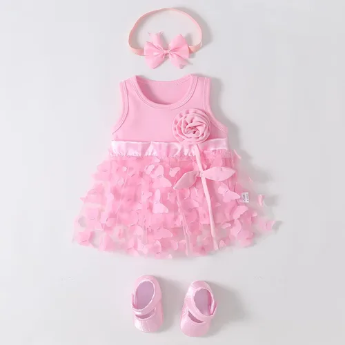 Vista 2 de Niyage Conjunto de mameluco de vestido con flores para bebé, traje de fiesta con tutú para bebé