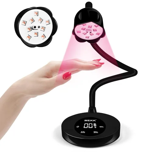 Vista 10 de MEKK - Lámpara de uñas de curación flash, 30 W, luz UV pequeña inalámbrica para uñas de gel Gooseneck, Auto Sensor, 4 Timers (10/30/60/90s)