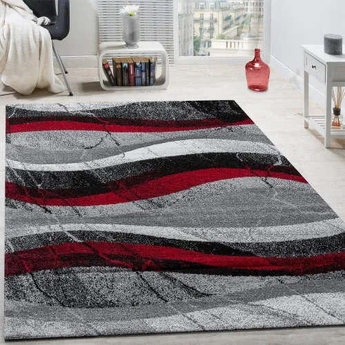 Vista 4 de Alfombra de diseño rojo gris fino con efecto de onda moderna, tamaño: 2'8" x 4'11