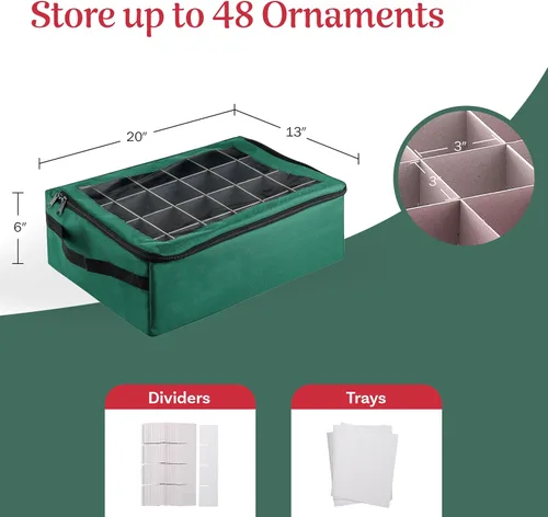 Vista 2 de Caja de almacenamiento para adornos - Organizador con cremallera con 48 compartimentos individuales y divisores para bombillas y decoraciones Verde