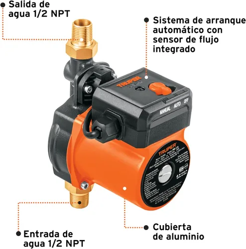 Vista 4 de Truper Bomba Presurizadora de 1/6 HP, Negra, Industrial, Plástica, Caudal de 25 L/min, Altura Máxima de 9 m