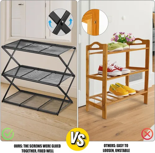 Vista 6 de Zapatero pequeño para entrada, organizador de zapatos de 3 niveles, estante de almacenamiento de zapatos plegable de metal, instalación cero