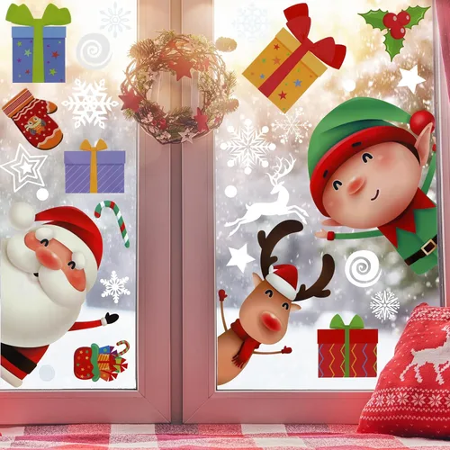 Vista 2 de 124 calcomanías de Navidad para ventana, calcomanías para vidrio, copos de nieve de Navidad, decoraciones de Papá Noel, renos para fiestas