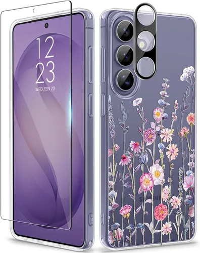 Vista 80 de GVIEWIN Funda protectora para Samsung Galaxy S25, transparente floral, delgada, a prueba de golpes, para mujer, no se pone amarilla, con protector