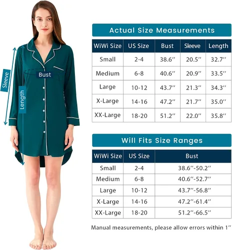 Vista 6 de WiWi Camisones para mujer, viscosa de bambú, suave, manga larga, camisa de dormir S-XXL