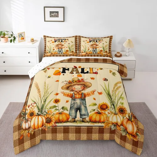 Vista 33 de Erosebridal Juego de edredón individual de pavo de Acción de Gracias, juego de ropa de cama de calabaza con hojas de otoño para niños y adultos