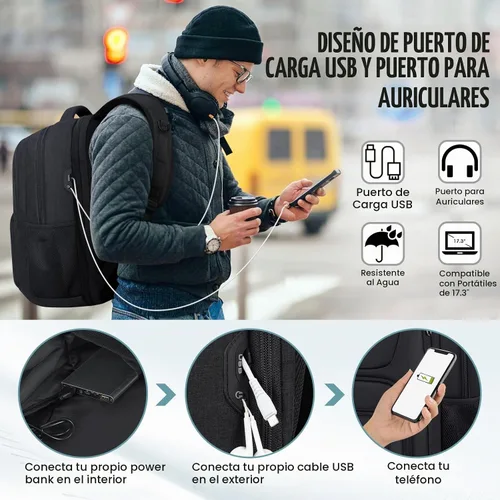 Vista 3 de Mochila de viaje para laptop de 17 pulgadas, extra grande, con orificio de carga USB, 45L, antirrobo, resistente al agua, bolsa para computadora