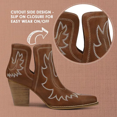 Vista 5 de Botas vaqueras para mujer, con puntera puntiaguda, bordadas, sin botones, botas vaqueras con tacón grueso, botines occidentales