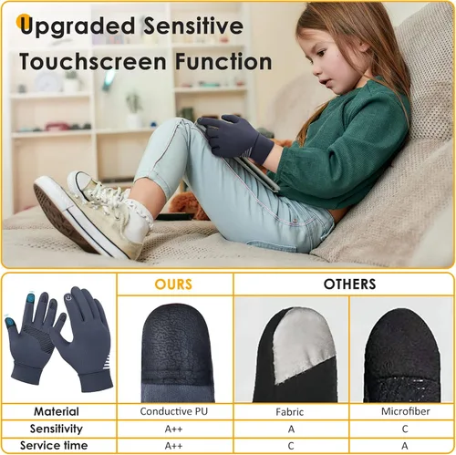 Vista 4 de AOTOW Winter Running Gloves for Kids - Kid Touch Screen Gloves Warm Thermal Mittens Anti-Slip Bike Soccer for Boys Girls - Gray