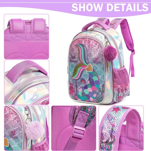Vista 15 de Mochila para niñas de 16 pulgadas, mochilas para niñas para la escuela, mochila de lentejuelas con lonchera para estudiantes de primaria