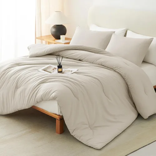 Vista 22 de CozyLux - Juego de edredón beige tamaño individual/individual XL, 2 piezas de juego de cama extra largo sólido transpirable acolchado, juego de cama