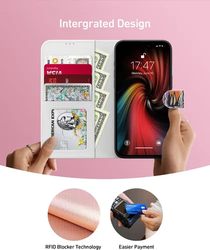 Vista 2 de DEENAKIN Funda tipo cartera para iPhone 15 con tarjetero + clip para efectivo, bloqueo RFID, protección contra caídas de grado militar y obras