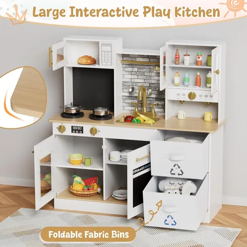 Vista 5 de MAMIZO Cocina de juego para niños, cocina de juguete de simulación de madera, juego de cocina Toodler, estufa con luz y sonido, fregadero