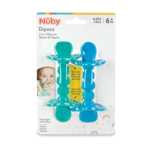 Vista 4 de Nuby Dipeez - Cucharas y cucharas de silicona 2 en 1 para autoalimentación, paquete de 2, utensilios para niños pequeños con asas de fácil agarre