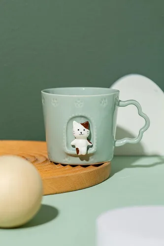 Vista 3 de DIHOclub Taza de cerámica con diseño de gato, ventana con animales, figura de cerámica hecha a mano, tazas lindas de dibujos animados, regalo