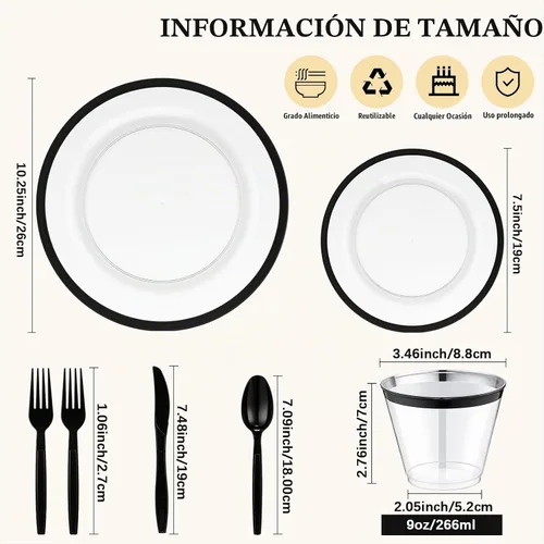 Vista 2 de Norme Juego de vajilla de plástico desechable de 500 piezas para 100 invitados, juego de vajilla desechable para cumpleaños, boda, fiesta de 100