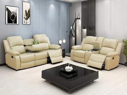 Vista 30 de Sofá reclinable manual moderno, sofá reclinable de cuero de 3 plazas, sofá reclinable de sala de estar, sofá con portavasos y mesa abatible