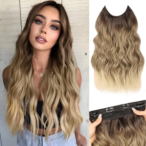 Vista 9 de Extensiones de Cabello con Alambre Invisible - Extensiones de Cabello Halo de 14 Pulgadas Largas Onduladas Postizo Sintético con Alambre